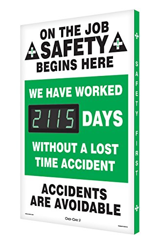 Accuform SCK115 Aluminum Digi-Day Electronic Scoreboard, "ON THE JOB SAFETY BEGINS HERE - WE HAVE WORKED #### DAYS WITHOUT A LOST TIME ACCIDENT - ACCIDENTS ARE AVOIDABLE"