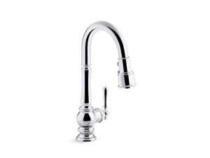 kohler artifacts single-hole kitchen sink faucet with 16" pull-down spout and turned lever handle, docknetik magnetic docking system, and 3-function sprayhead featuring sweep and berrysoft spray
