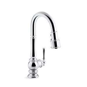 KOHLER Artifacts Single-hole kitchen sink faucet with 16" pull-down spout and turned lever handle, DockNetik magnetic docking system, and 3-function sprayhead featuring Sweep and BerrySoft spray