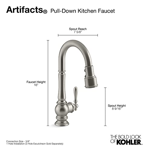 KOHLER Artifacts Single-hole kitchen sink faucet with 16" pull-down spout and turned lever handle, DockNetik magnetic docking system, and 3-function sprayhead featuring Sweep and BerrySoft spray