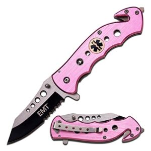 tac force spring assisted folding pocket knife – black/satin partially serrated blade, pink aluminum handle with emt logo, rope cutter, glass punch, pocket clip, tactical, edc, rescue - tf-498pem