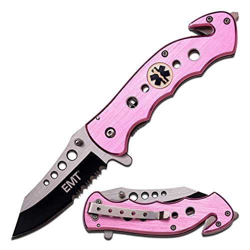 TAC FORCE Spring Assisted Folding Pocket Knife – Black/Satin Partially Serrated Blade, Pink Aluminum Handle with EMT Logo, Rope Cutter, Glass Punch, Pocket Clip, Tactical, EDC, Rescue - TF-498PEM