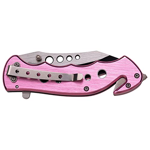 TAC FORCE Spring Assisted Folding Pocket Knife – Black/Satin Partially Serrated Blade, Pink Aluminum Handle with EMT Logo, Rope Cutter, Glass Punch, Pocket Clip, Tactical, EDC, Rescue - TF-498PEM