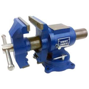 yost vises 750-e multi-jaw rotating vise system | 2 in 1 multipurpose bench and pipe vise | secure grip with swivel base | made with a combination of ductile iron & hardened steel | medium, blue