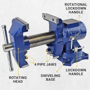 Yost Vises 750-E Multi-Jaw Rotating Vise System | 2 in 1 Multipurpose Bench and Pipe Vise | Secure Grip with Swivel Base | Made with a Combination of Ductile Iron & Hardened Steel | Medium, Blue