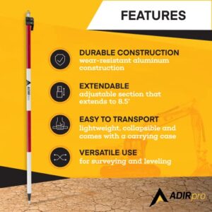 AdirPro Aluminum Prism Pole - Telescopic 8.5’ (2.5m) - Adjustable Tip – Quick Release Clamp - Metric Graduation - Strong & Lightweight GPS Pole - for Use with Prisms, Rover Rod - GNSS Instruments