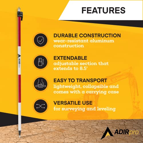 AdirPro Aluminum Prism Pole - Telescopic 8.5’ (2.5m) - Adjustable Tip – Quick Release Clamp - Metric Graduation - Strong & Lightweight GPS Pole - for Use with Prisms, Rover Rod - GNSS Instruments