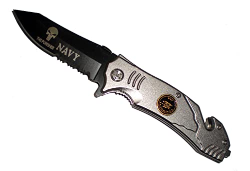 US NAVY SEAL TEAM PUNISHER BLADE RESCUE POCKET KNIFE + Seat Belt Cutter + Glass Breaker