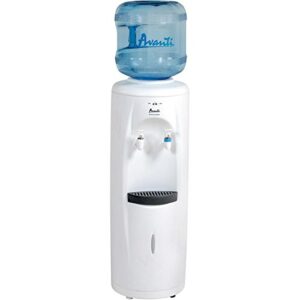 avanti water cooler dispenser top loading, holds 3 & 5 gallon bottles with stainless steel reservoir, cold and room temperature, perfect for homes, kitchens, offices, dorms, white