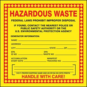 accuform hazardous waste adhesive-poly vinyl label, pack of 100, legend "hazardous waste - federal laws prohibit improper disposal...handle with care!", 6" x 6", red/black/yellow, mhzw20evc