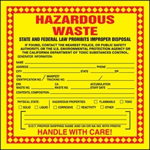 accuform (california) hazardous waste label adhesive-poly vinyl , "hazardous waste - state and federal law prohibits improper disposal...handle with care!", 6" x 6", red/black/yellow (pack of 25), mhzwcaevp