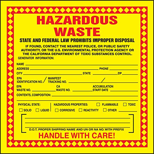 Accuform (California) Hazardous Waste Label Adhesive-Poly Vinyl , "HAZARDOUS WASTE - STATE AND FEDERAL LAW PROHIBITS IMPROPER DISPOSAL...HANDLE WITH CARE!", 6" x 6", Red/Black/Yellow (Pack of 25), MHZWCAEVP