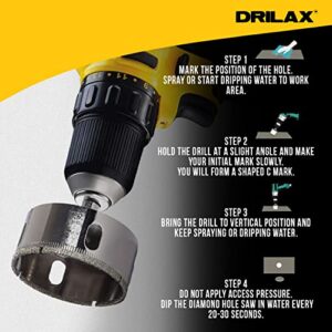 Drilax 2-1/2 inch Diamond Coated Drill Bit Hole Saw Ceramic Porcelain Tile Glass Fish Tank Marble Granite Quartz Holesaw Kitchen Bathroom Shower Drilling Tool 2.5 Inch