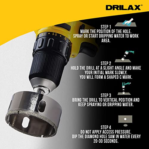 Drilax 2-1/2 inch Diamond Coated Drill Bit Hole Saw Ceramic Porcelain Tile Glass Fish Tank Marble Granite Quartz Holesaw Kitchen Bathroom Shower Drilling Tool 2.5 Inch