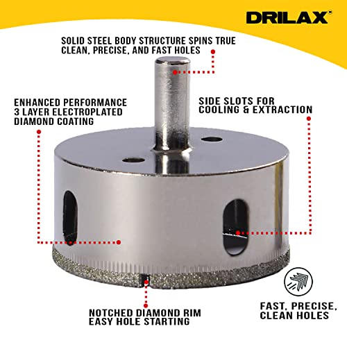 Drilax 2-1/2 inch Diamond Coated Drill Bit Hole Saw Ceramic Porcelain Tile Glass Fish Tank Marble Granite Quartz Holesaw Kitchen Bathroom Shower Drilling Tool 2.5 Inch