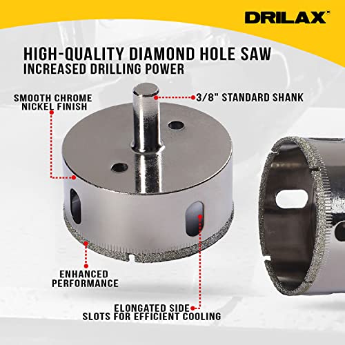 Drilax 2-1/2 inch Diamond Coated Drill Bit Hole Saw Ceramic Porcelain Tile Glass Fish Tank Marble Granite Quartz Holesaw Kitchen Bathroom Shower Drilling Tool 2.5 Inch