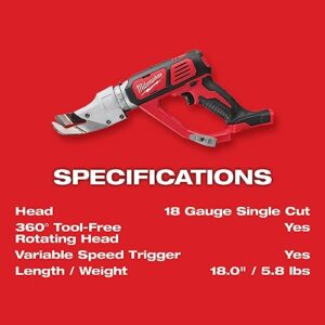 Milwaukee 2637-20 M18 Cordless 18 Gauge Single Cut Shear - Bare tool