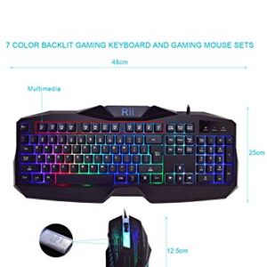 Rii Gaming Keyboard and Mouse Combo,LED Rainbow Backlit USB Wired Computer Keyboard 104 Key,Spill-Resistant Design,Ergonomic Wrist Rest Keyboard Mouse Set for Windows PC Gamer. Black