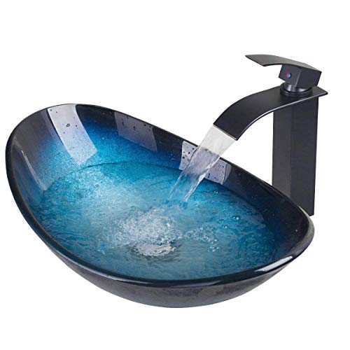 OUBONI Bathroom Vessel Sink,Black&Blue Vessel Sink,Oval Glass Vessel Sink with Waterfall Faucet and Pop-Up Drain,Boat Shape Bathroom Sink Above Counter,Tempered Glass Sink