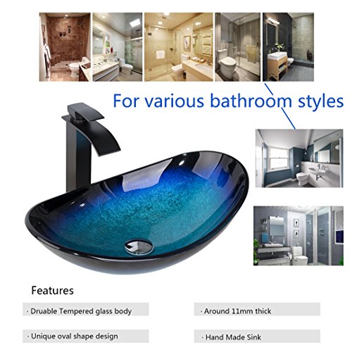 OUBONI Bathroom Vessel Sink,Black&Blue Vessel Sink,Oval Glass Vessel Sink with Waterfall Faucet and Pop-Up Drain,Boat Shape Bathroom Sink Above Counter,Tempered Glass Sink