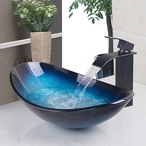 OUBONI Bathroom Vessel Sink,Black&Blue Vessel Sink,Oval Glass Vessel Sink with Waterfall Faucet and Pop-Up Drain,Boat Shape Bathroom Sink Above Counter,Tempered Glass Sink