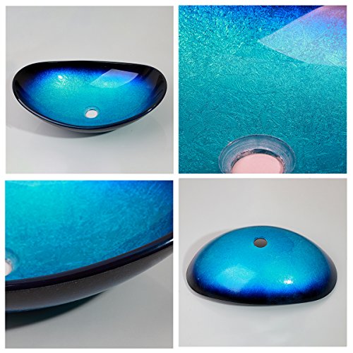 OUBONI Bathroom Vessel Sink,Black&Blue Vessel Sink,Oval Glass Vessel Sink with Waterfall Faucet and Pop-Up Drain,Boat Shape Bathroom Sink Above Counter,Tempered Glass Sink