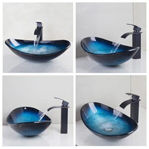 OUBONI Bathroom Vessel Sink,Black&Blue Vessel Sink,Oval Glass Vessel Sink with Waterfall Faucet and Pop-Up Drain,Boat Shape Bathroom Sink Above Counter,Tempered Glass Sink