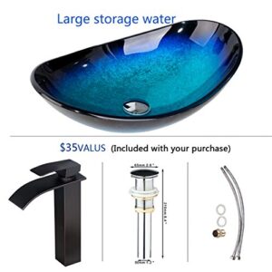 OUBONI Bathroom Vessel Sink,Black&Blue Vessel Sink,Oval Glass Vessel Sink with Waterfall Faucet and Pop-Up Drain,Boat Shape Bathroom Sink Above Counter,Tempered Glass Sink