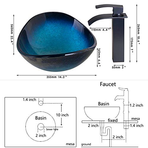 OUBONI Bathroom Vessel Sink,Black&Blue Vessel Sink,Oval Glass Vessel Sink with Waterfall Faucet and Pop-Up Drain,Boat Shape Bathroom Sink Above Counter,Tempered Glass Sink