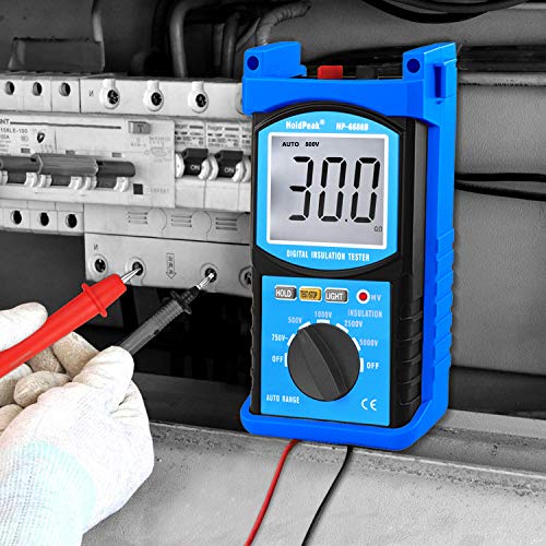 HOLDPEAK Digital Insulation Resistance Tester HP-6688B 100V/250V/500V/1000V/2500V/5000V Voltage Test, 200G Ohms Megohmmeter 2000 Counts Backlight, Auto Ranging, Data Hold (Battery Included)