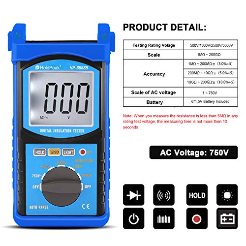 HOLDPEAK Digital Insulation Resistance Tester HP-6688B 100V/250V/500V/1000V/2500V/5000V Voltage Test, 200G Ohms Megohmmeter 2000 Counts Backlight, Auto Ranging, Data Hold (Battery Included)