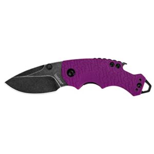 kershaw shuffle (8700purbw); multifunction pocket knife, 2.4” stainless steel blade with blackwash finish, purple k-texture grip, liner lock, deep-carry pocketclip, screwdriver, bottle opener, 2.8 oz