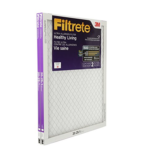 Filtrete 20x25x1 Air Filter, MPR 1500, MERV 12, Healthy Living Ultra-Allergen 3-Month Pleated 1-Inch Air Filters, 2 Filters