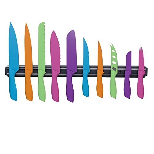 Knife Set with Magnetic Bar, Colorful 10-Piece Stainless Steel Kitchen Tools, Magnet Bar for Storage and Organization - Chef Knives by Classic Cuisine