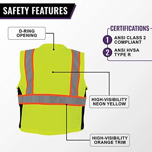 Global Glove Safety Vest with 6 Pockets and Zipper Front, High Visibility, Lightweight and Breathable Mesh, ANSI Class 2 Compliant, X-Large