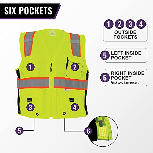 Global Glove Safety Vest with 6 Pockets and Zipper Front, High Visibility, Lightweight and Breathable Mesh, ANSI Class 2 Compliant, X-Large