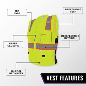 Global Glove Safety Vest with 6 Pockets and Zipper Front, High Visibility, Lightweight and Breathable Mesh, ANSI Class 2 Compliant, X-Large