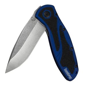 kershaw blur navy blue pocketknife, 3.4" sandvik 14c28n stainless steel recurved blade, assisted thumb-stud opening edc,black/blue