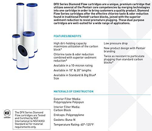 Pentair Pentek DFX-CB-10 Carbon Water Filter, 10-Inch, Under Sink Diamond Flow Dual-Purpose Replacement Filter Cartridge, 10" x 2.5", 10 Micron