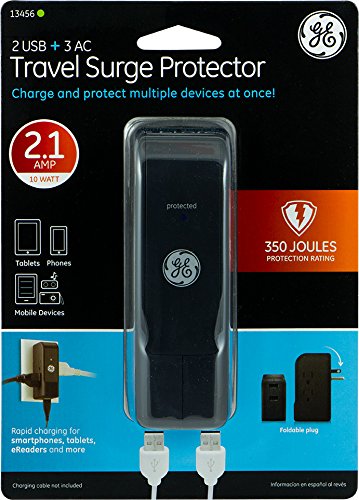 GE 13456 Travel Surge, 3 Outlet, 350J, 2 USB Ports (2.4A),  Foldable Prongs