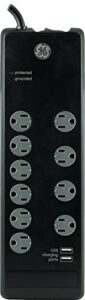 ge surge protector with 10 outlets and 2 usb ports, twist-to-lock, black, 13476