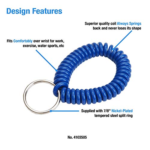 Wrist Coil with Split Key Ring, Blue, PK5