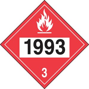 accuform dot 4-digit hazard class 3 adhesive vinyl placard, 1993" (flammable liquid/combustible liquid), 10.74" x 10.75", black/white on red, mpl736vs1