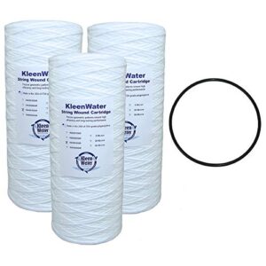 KleenWater String Wound Water Filter Cartridges, Made in the USA, 4.5 x 10 Inch, 50 Micron, Compatible with AP814 and AP801 Aqua-Pure, Pack of 3 Filters with O-Ring