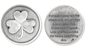 pack of 3 - shamrock 3 three leaf clover good luck pocket token charm coin with prayer for health and happiness, catholic coin st. patrick's day