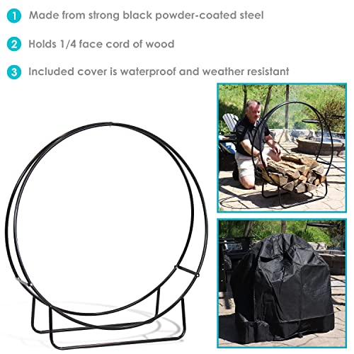 Sunnydaze Outdoor Firewood Log Hoop and Cover Set - Powder-Coated Steel Rack and PVC Cover - Black - 40-Inch