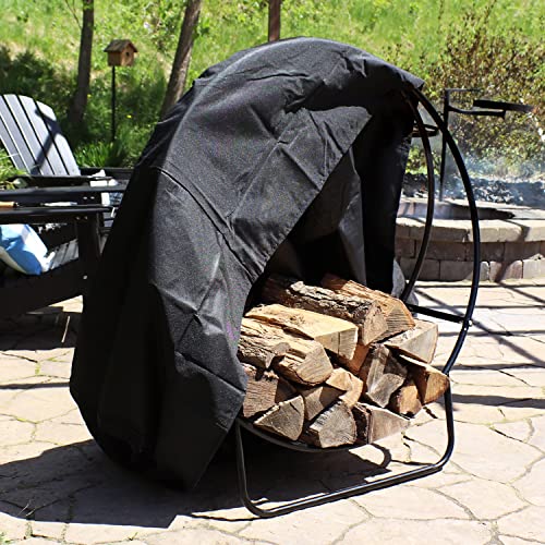 Sunnydaze Outdoor Firewood Log Hoop and Cover Set - Powder-Coated Steel Rack and PVC Cover - Black - 40-Inch