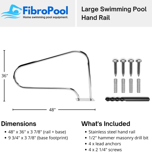 FibroPool Swimming Pool Hand Rail with Easy Mount Base Plate, Rust and Weather Proof Grab Rails for Pools and Spas, Large (Stainless Steel)