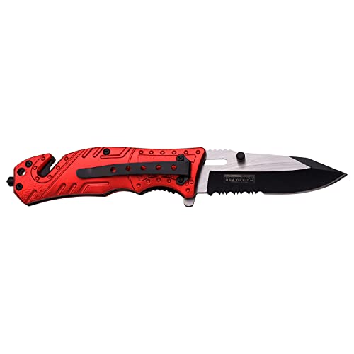 TAC Force TF-835FD Spring Assist Folding Knife, Two-Tone Half-Serrated Blade, Red/Black Firefighter Handle, 4.5-Inch Closed