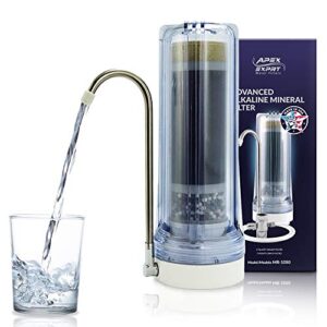 apex mr-1050 countertop water filter, 5 stage mineral ph alkaline easy install faucet water filter - reduces heavy metals, bad taste and up to 99% of chlorine - clear